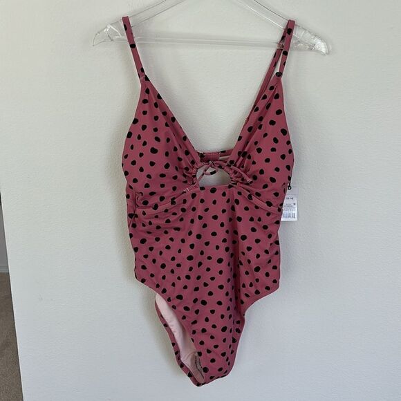 NWT Shade & Shore Dusty Mauve Black Polka Dot One Piece Swimsuit Size Large - Picture 2 of 14